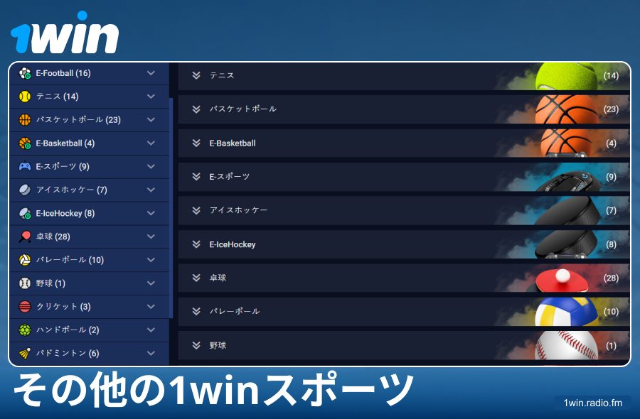 1Win日本ブックメーカーの利用可能なスポーツの種類