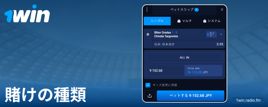 1Win日本で利用可能な賭けの種類