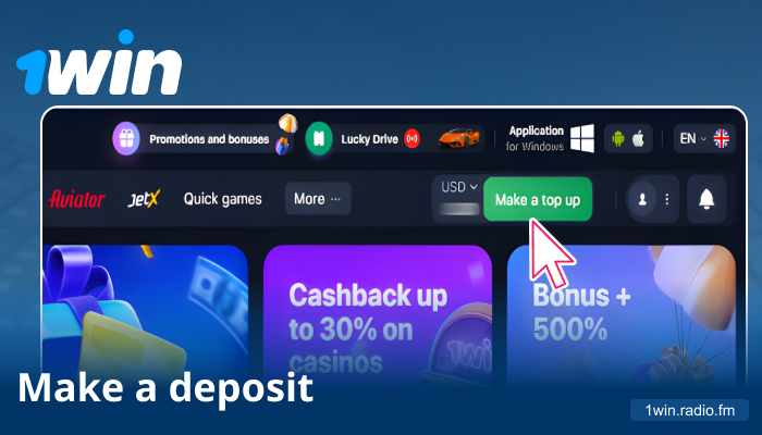 Go to cashier tab on 1win and select payment method