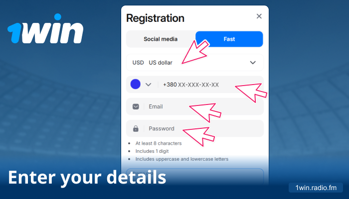 Complete personal info in 1win signup fields