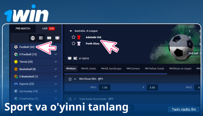 1Win UZ da sport voqeasini tanlang