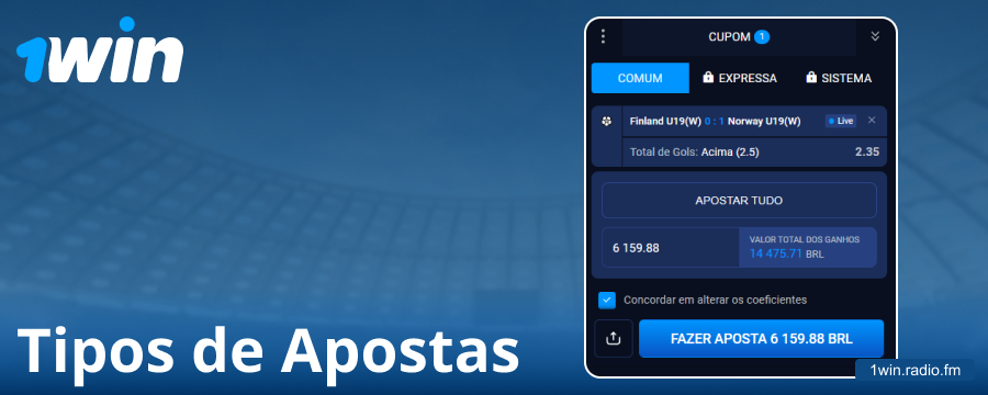 Tipos de apostas disponíveis no 1Win Brasil