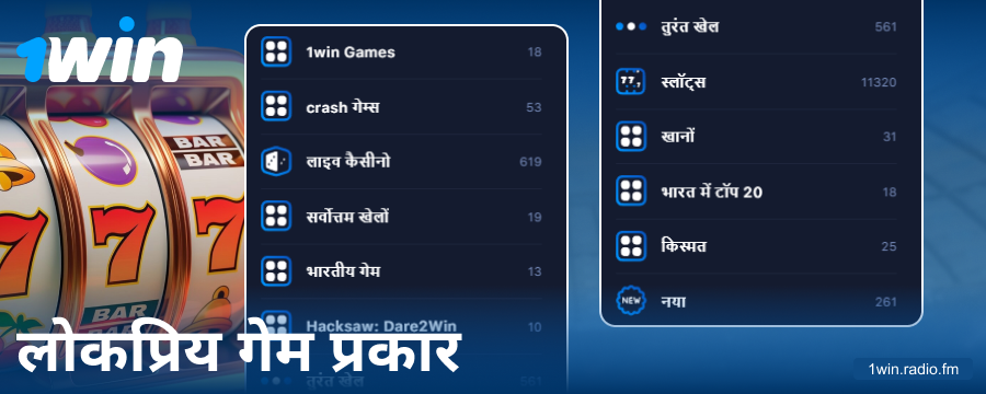 1Win इंडिया ऑनलाइन कैसीनो के गेम्स की किस्में