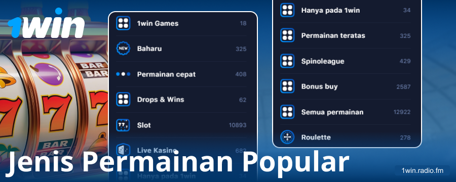 Jenis permainan di kasino dalam talian 1Win