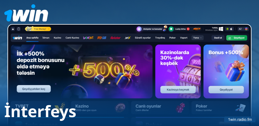 1Win saytının azərbaycanlılar üçün vizual görünüşü