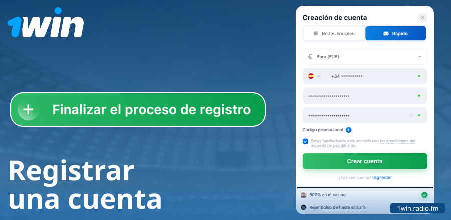 Crear una cuenta en el sitio 1Win España