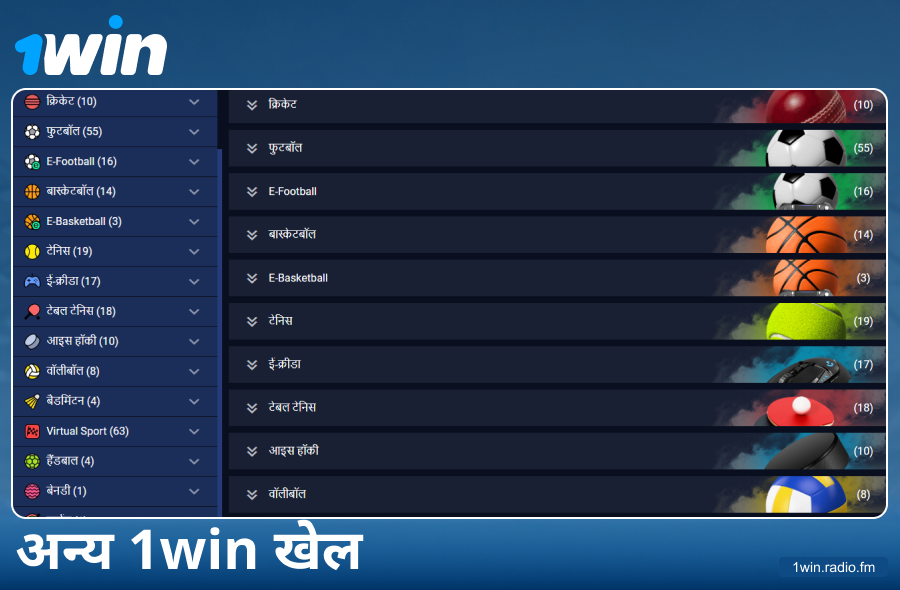 1Win इंडिया बुकमेकर के उपलब्ध खेल प्रकार