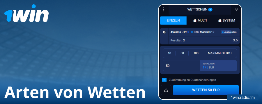 Verfügbare Wettarten bei 1Win Deutschland